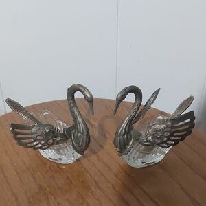 Vintage Pr. Elegant Silver Plated and Glass Swan Salt Cellars With Spoons.